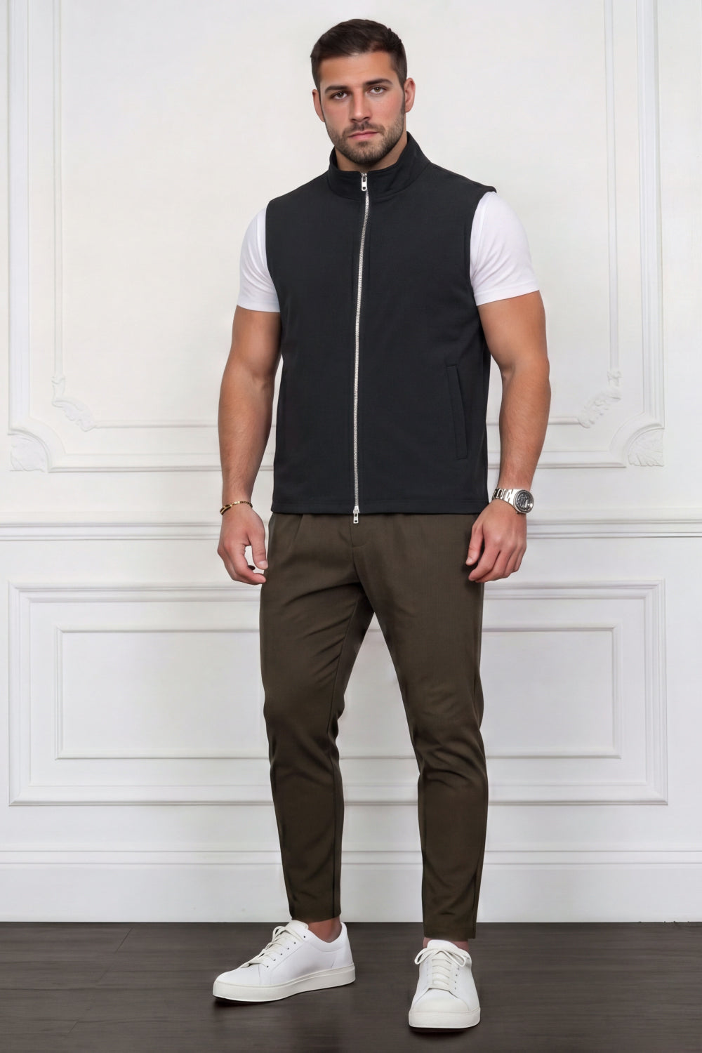 Men's Casual Stand Collar Zip-Up Vest - Black