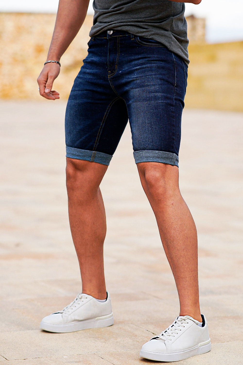 men's dark blue denim shorts