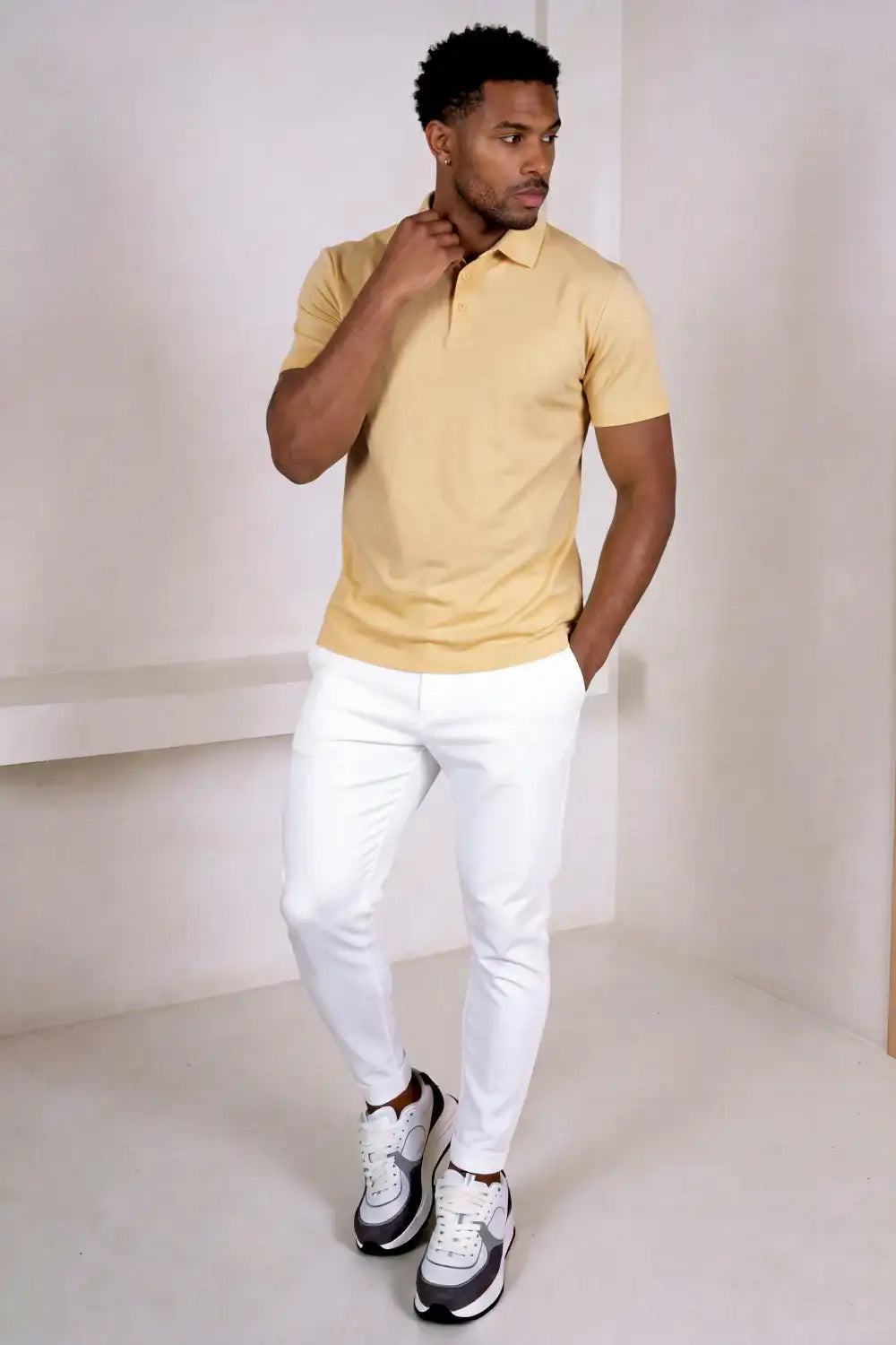 Polo de manga corta de algodón mercerizado para hombre - Caqui claro