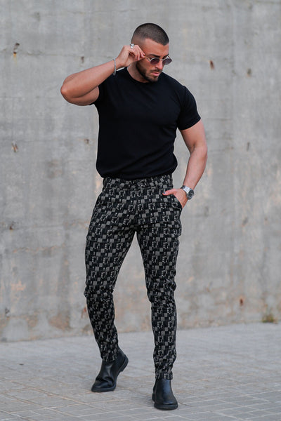 Mens Black Chinos Contemporary Printed Slim-Fit Trousers