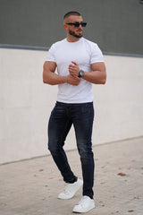 slim fit dark blue jeans