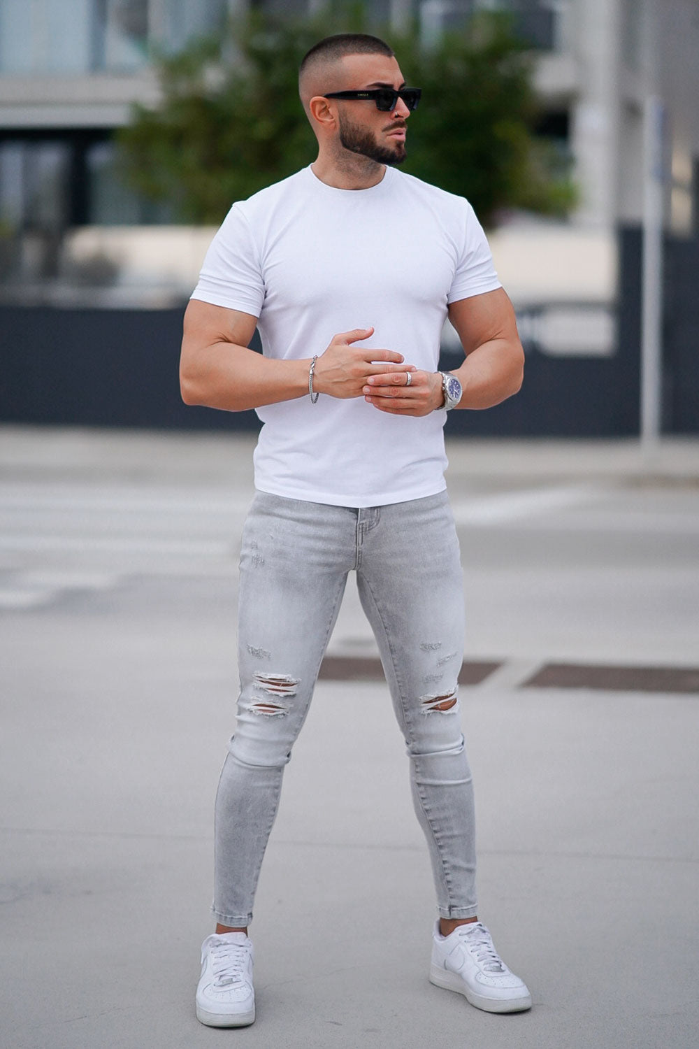 Men‘s Ripped Washed Skinny Marble Grey Jeans