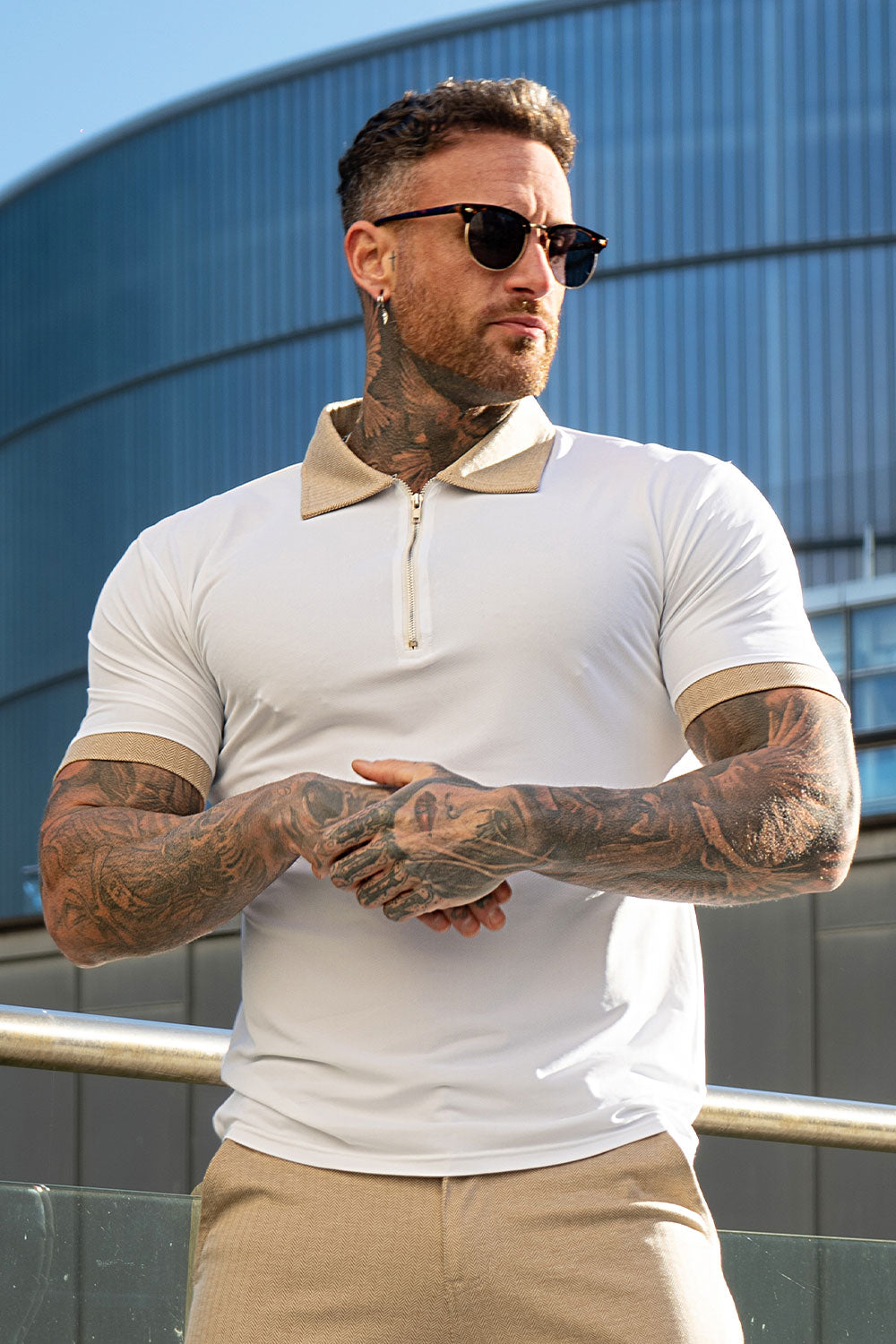 Gingtto High Quality Polo Shirts - White & Khaki