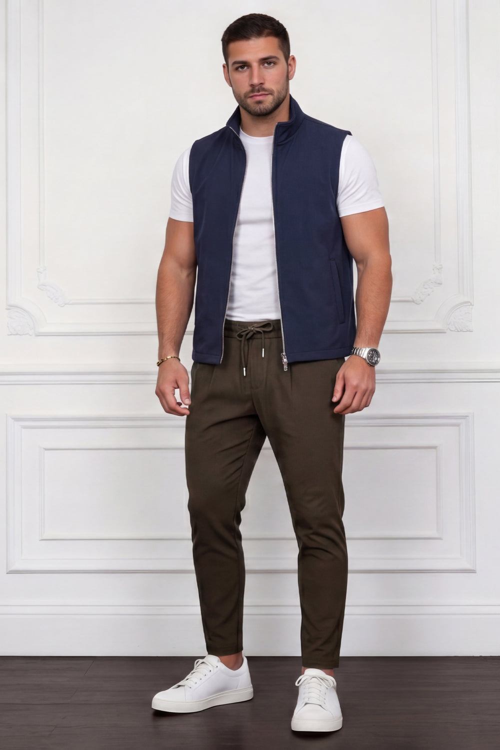 Men's Casual Stand Collar Zip-Up Vest - Navy Blue