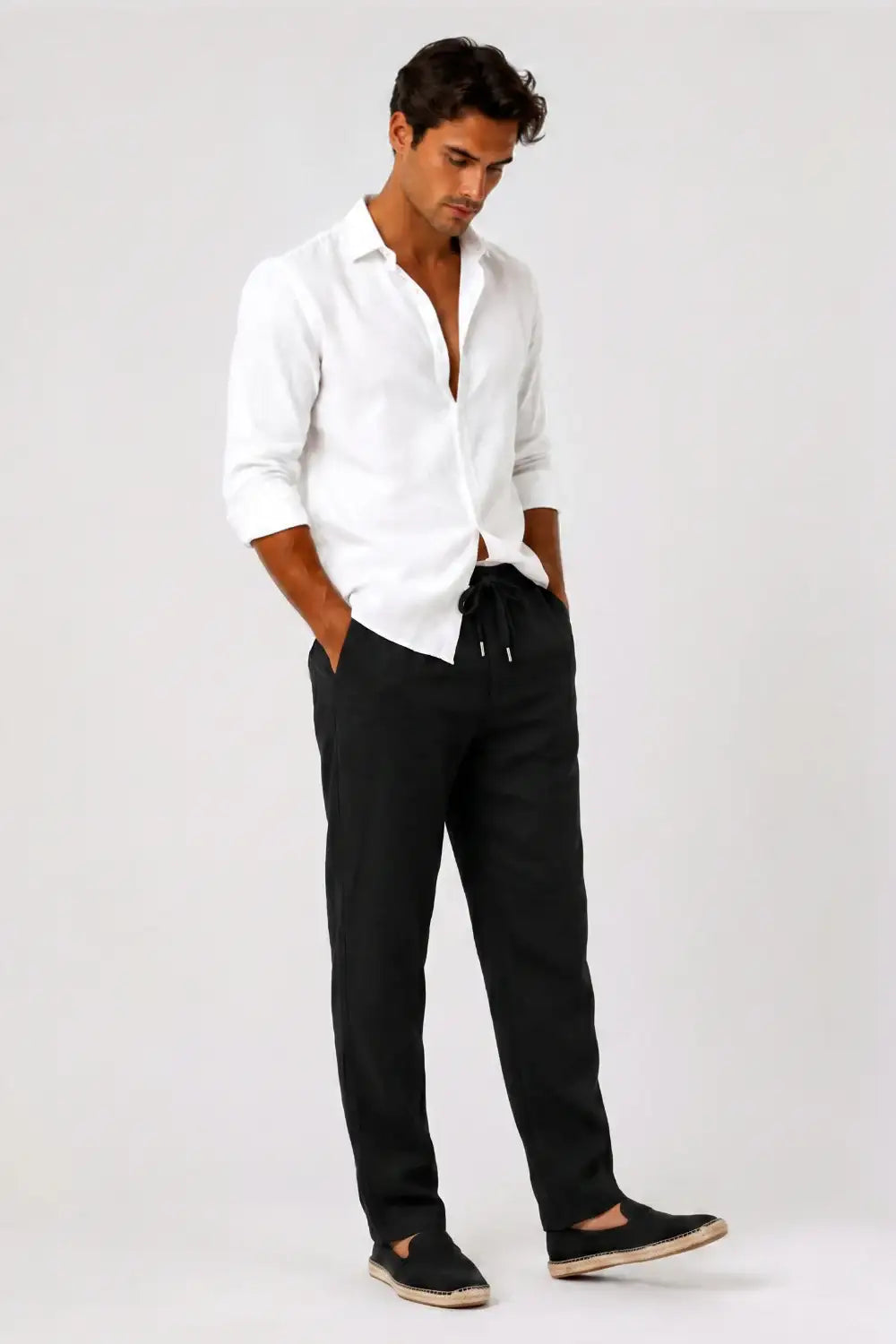 Men's Drawstring Casual Linen Pant - Black