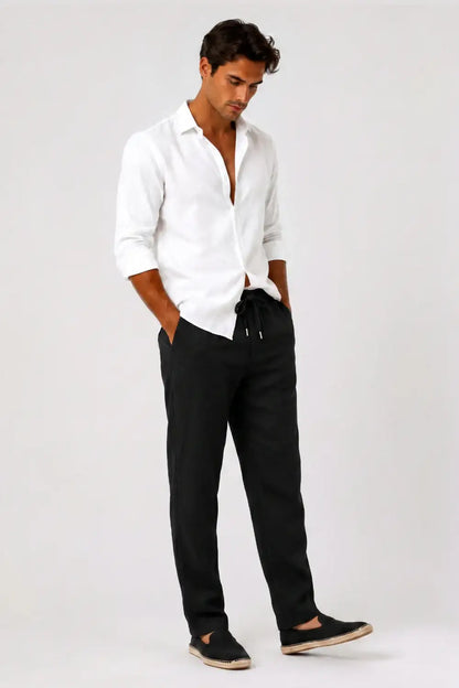 Men's Drawstring Casual Linen Pant - Black