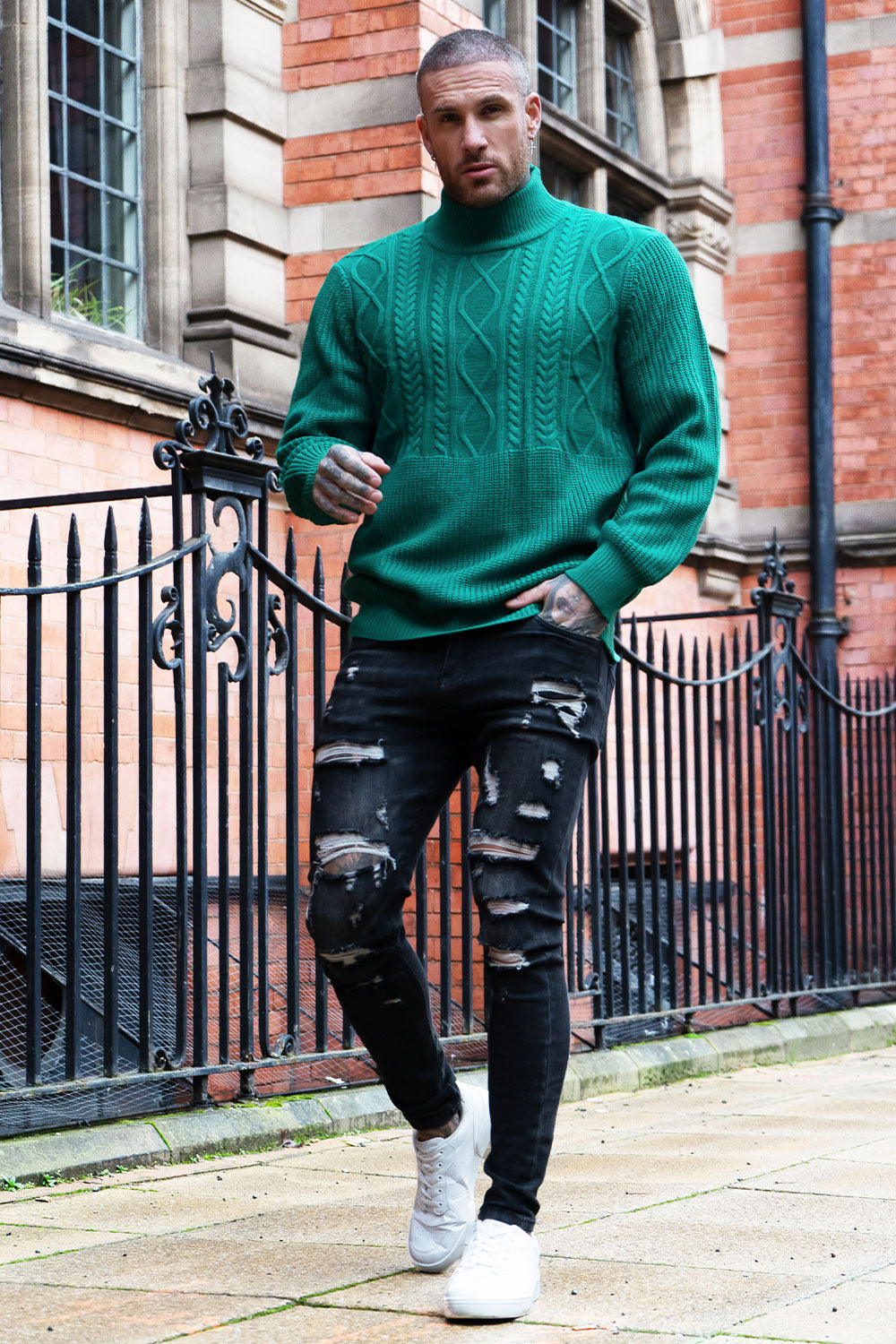 Streetwear Sweater Outfit Men Turtleneck With Ripped Jeans Men