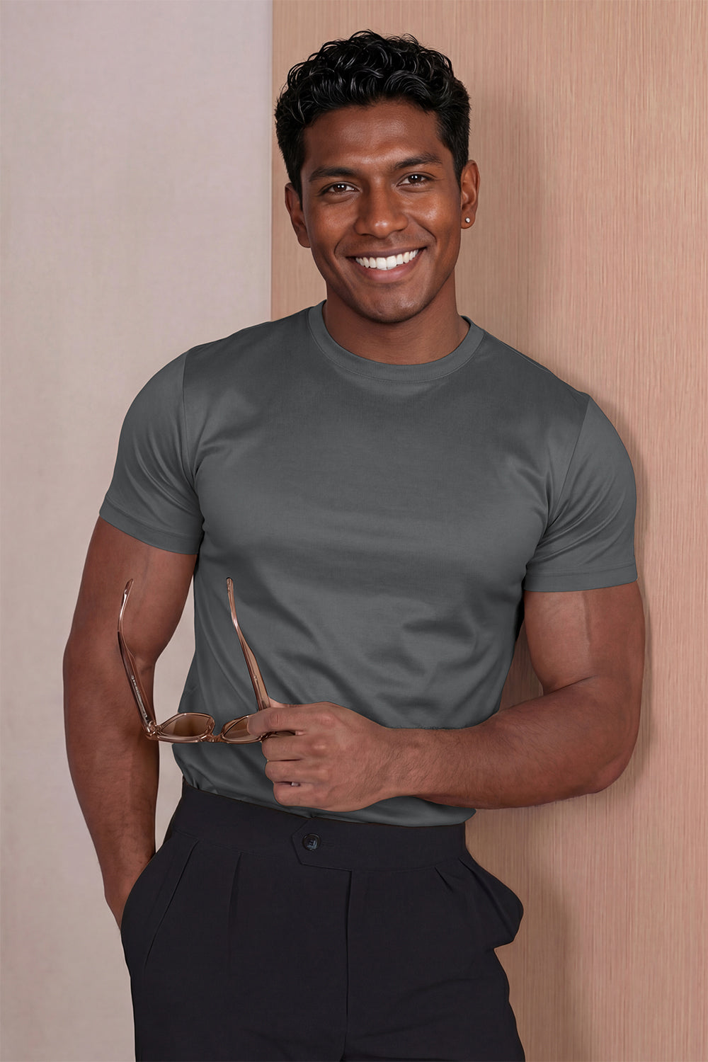 Camiseta de algodón mercerizado para hombre - Gris topo medio