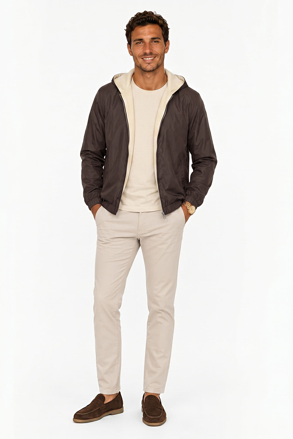 Men's Casual Hooded Lightweight Jacket - Brown