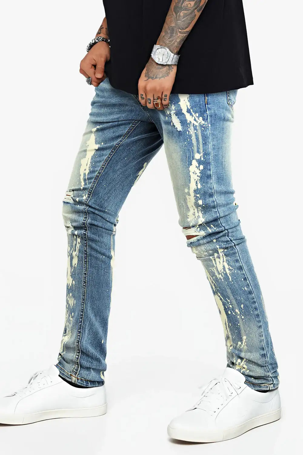 Men's Ripped Spray Paint Skinny Jean - Blue For Sale – GINGTTO