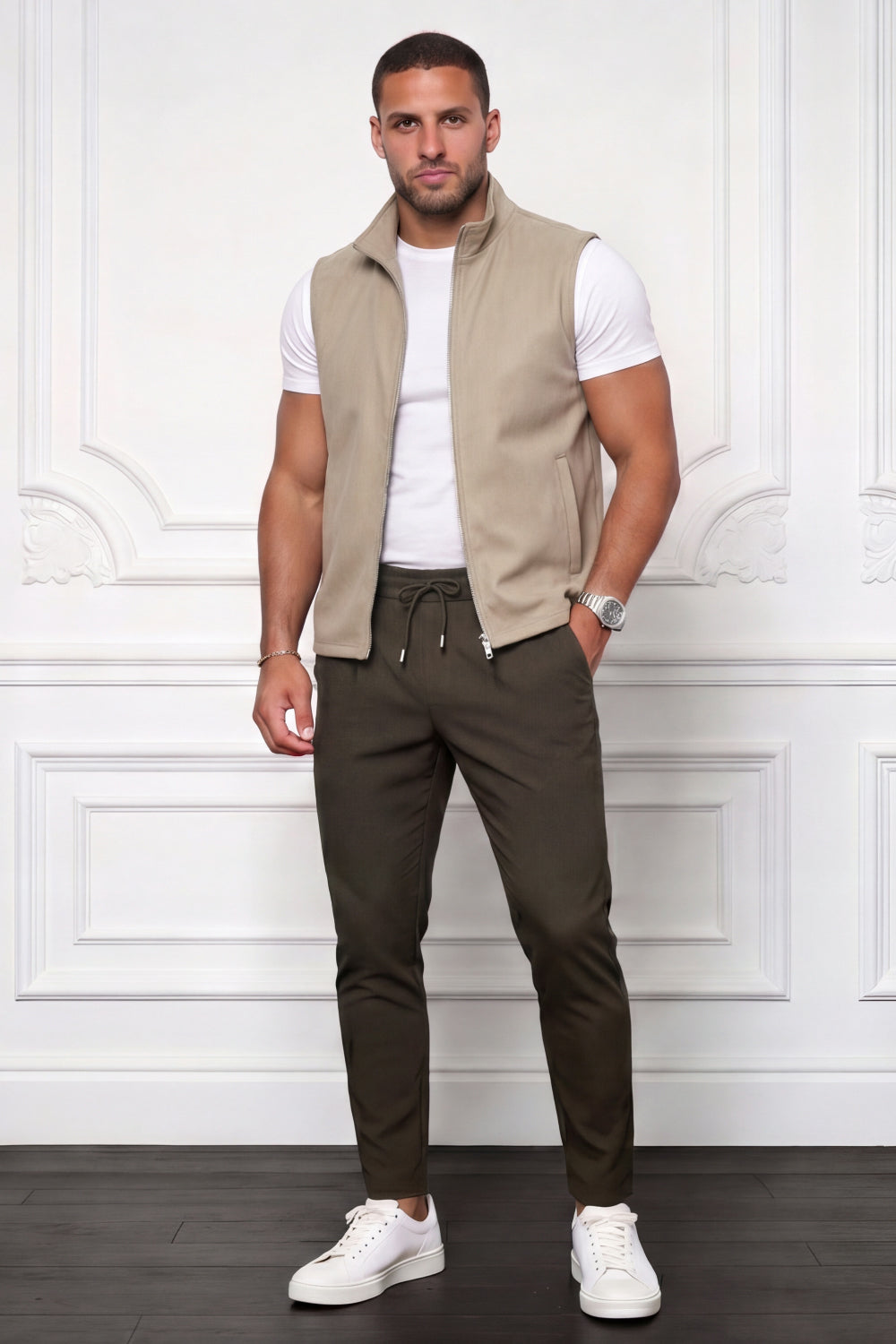 Men's Casual Stand Collar Zip-Up Vest - Light Khaki