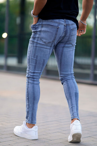 men's blue pinstripe skinny jeans