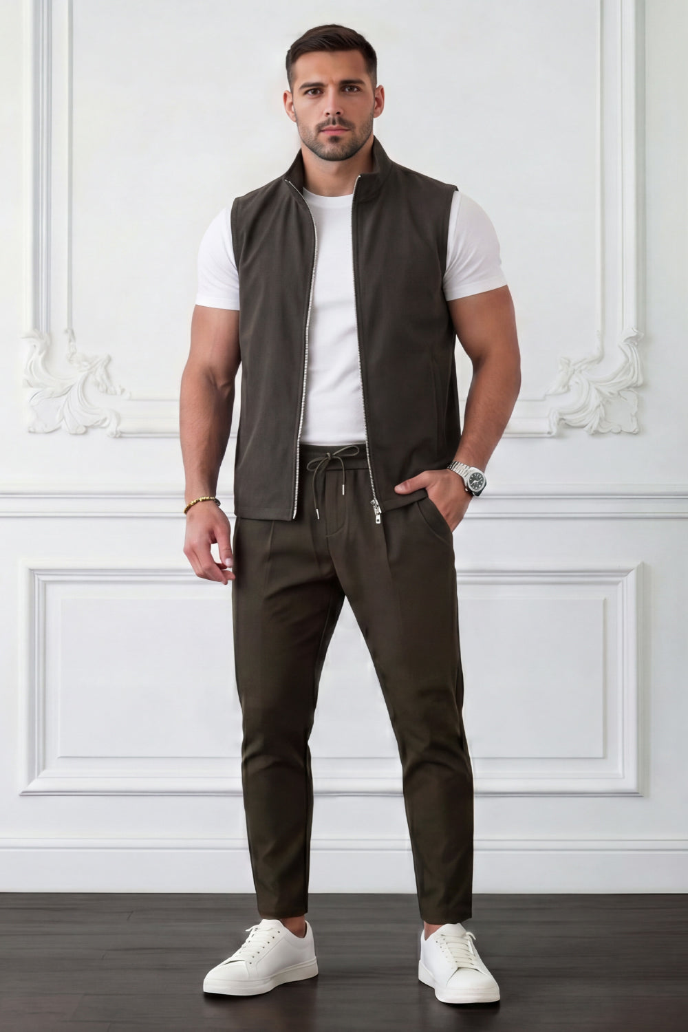 Men's Casual Stand Collar Zip-Up Vest - Brown