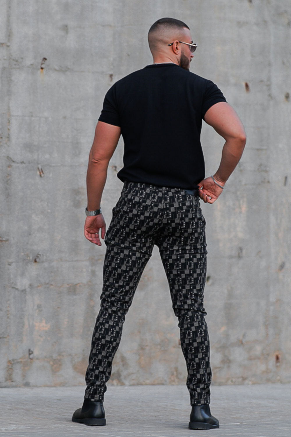 Mens Black Chinos Contemporary Printed Slim-Fit Trousers