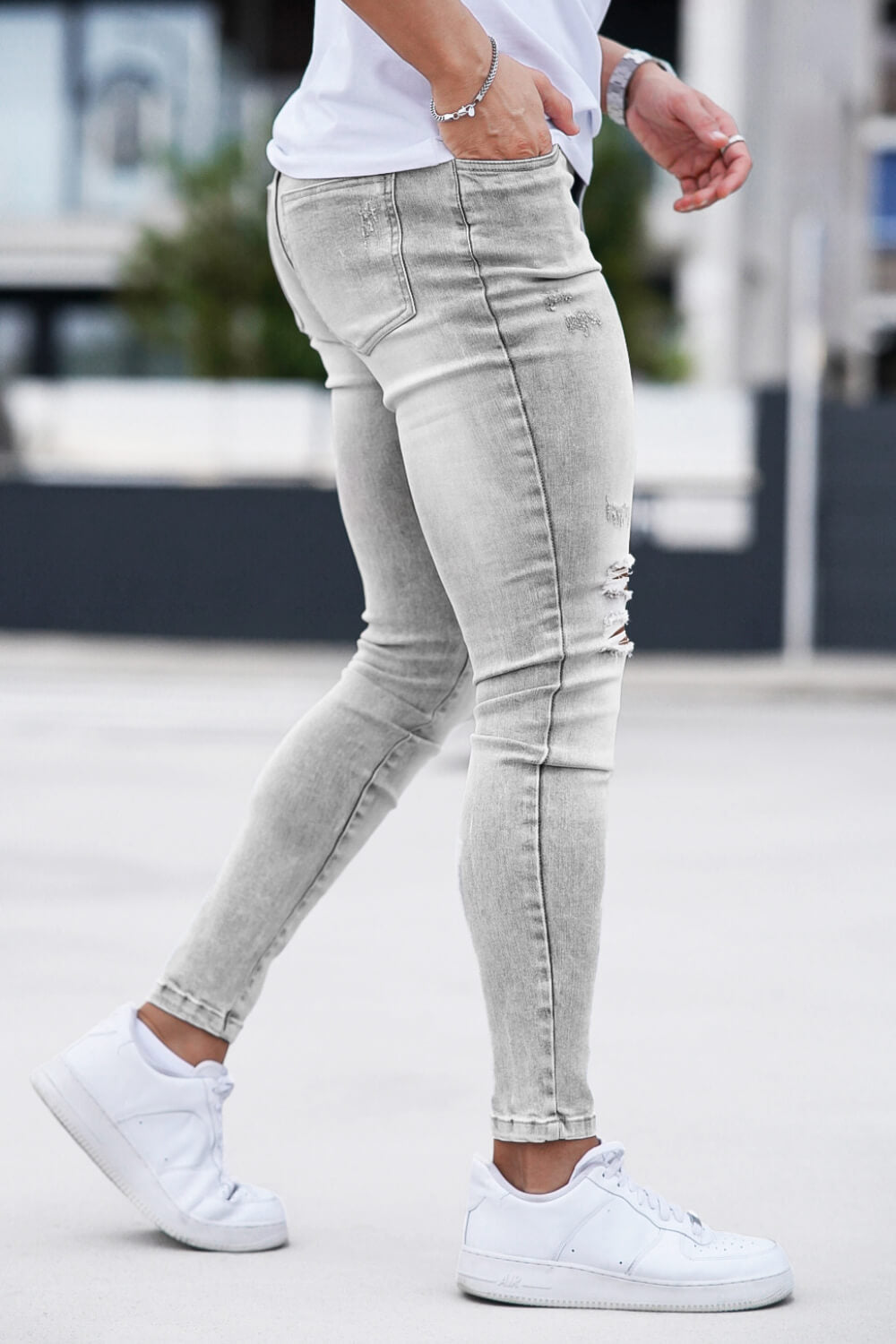 Men‘s Ripped Washed Skinny Marble Grey Jean 28