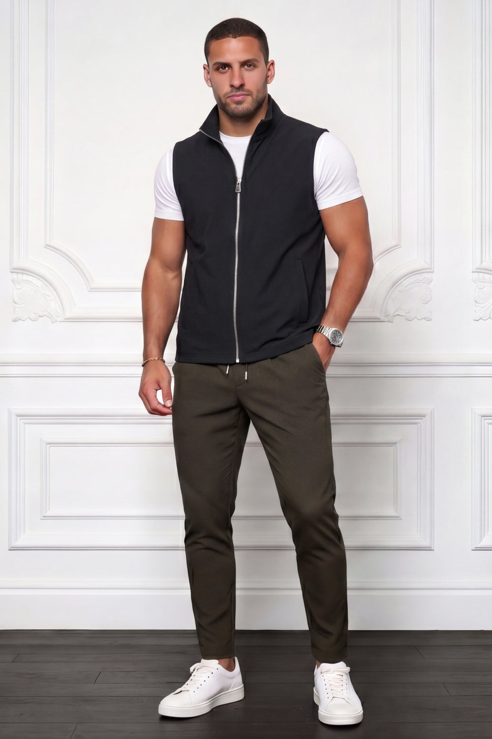 Men's Casual Stand Collar Zip-Up Vest - Black