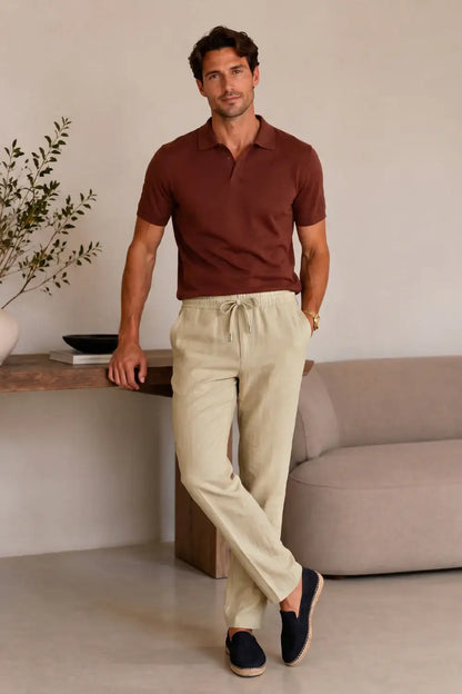 Men's Drawstring Casual Linen Pant - Khaki