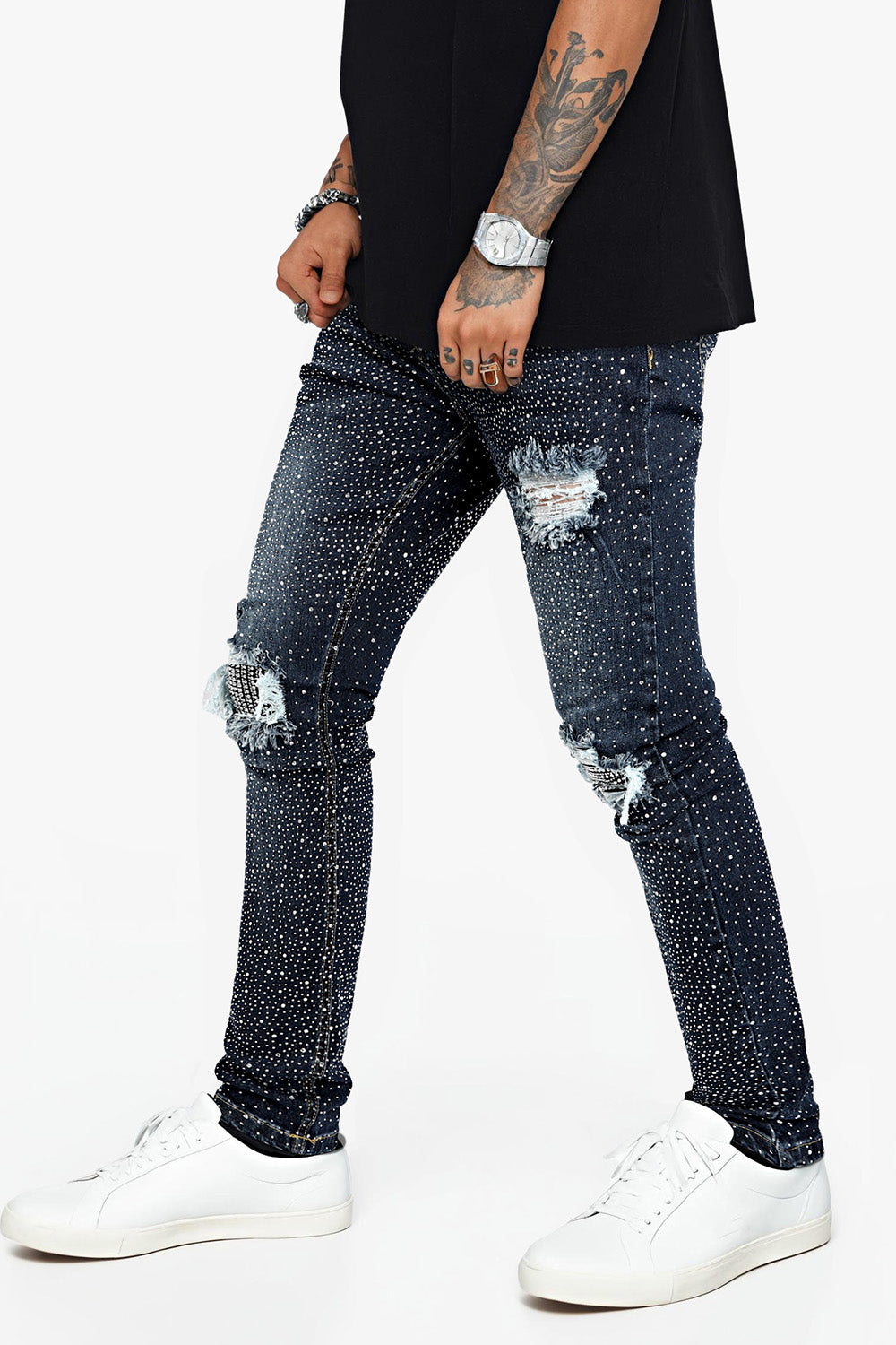 Men's Bedazzled Skinny Ripped Jean - Dark Blue (Pre-Sale)