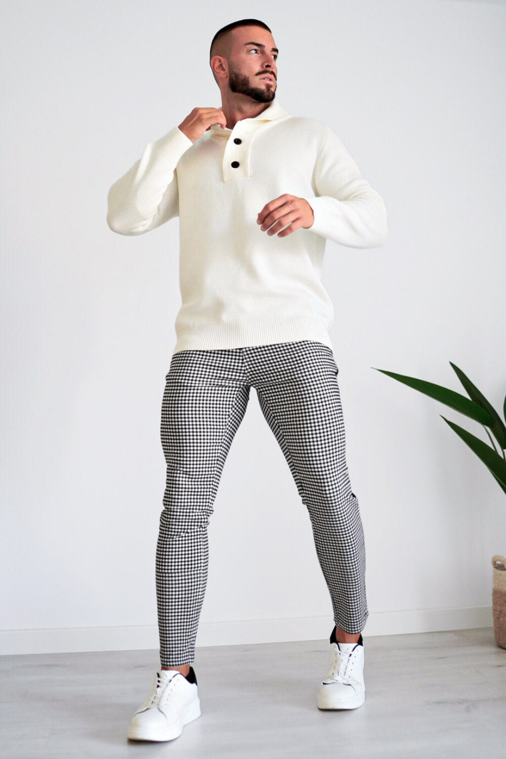 Dress Pants Skinny Fit Mens Black And White Checked Trousers White