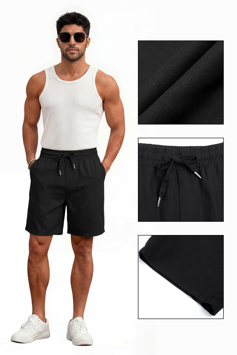 Men's Drawstring Casual Linen Shorts - Black