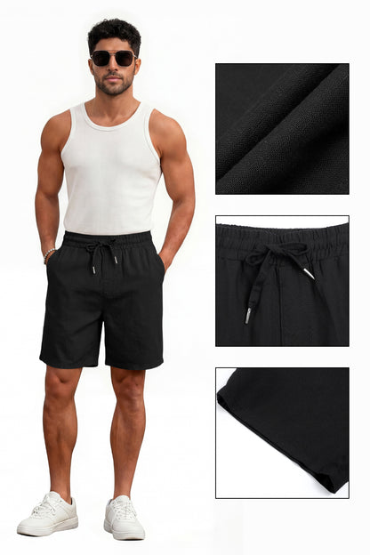 Men's Drawstring Casual Linen Shorts - Black