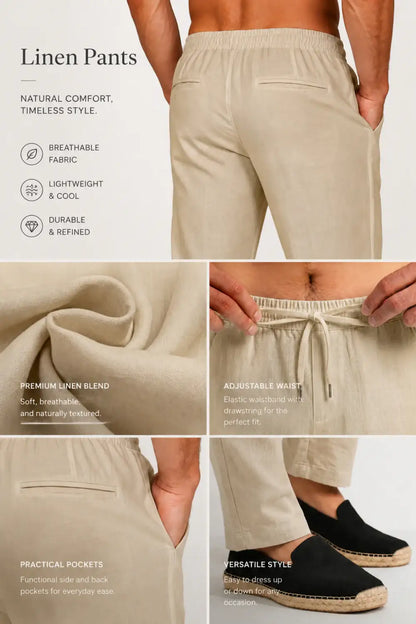 Men's Drawstring Casual Linen Pant - Khaki