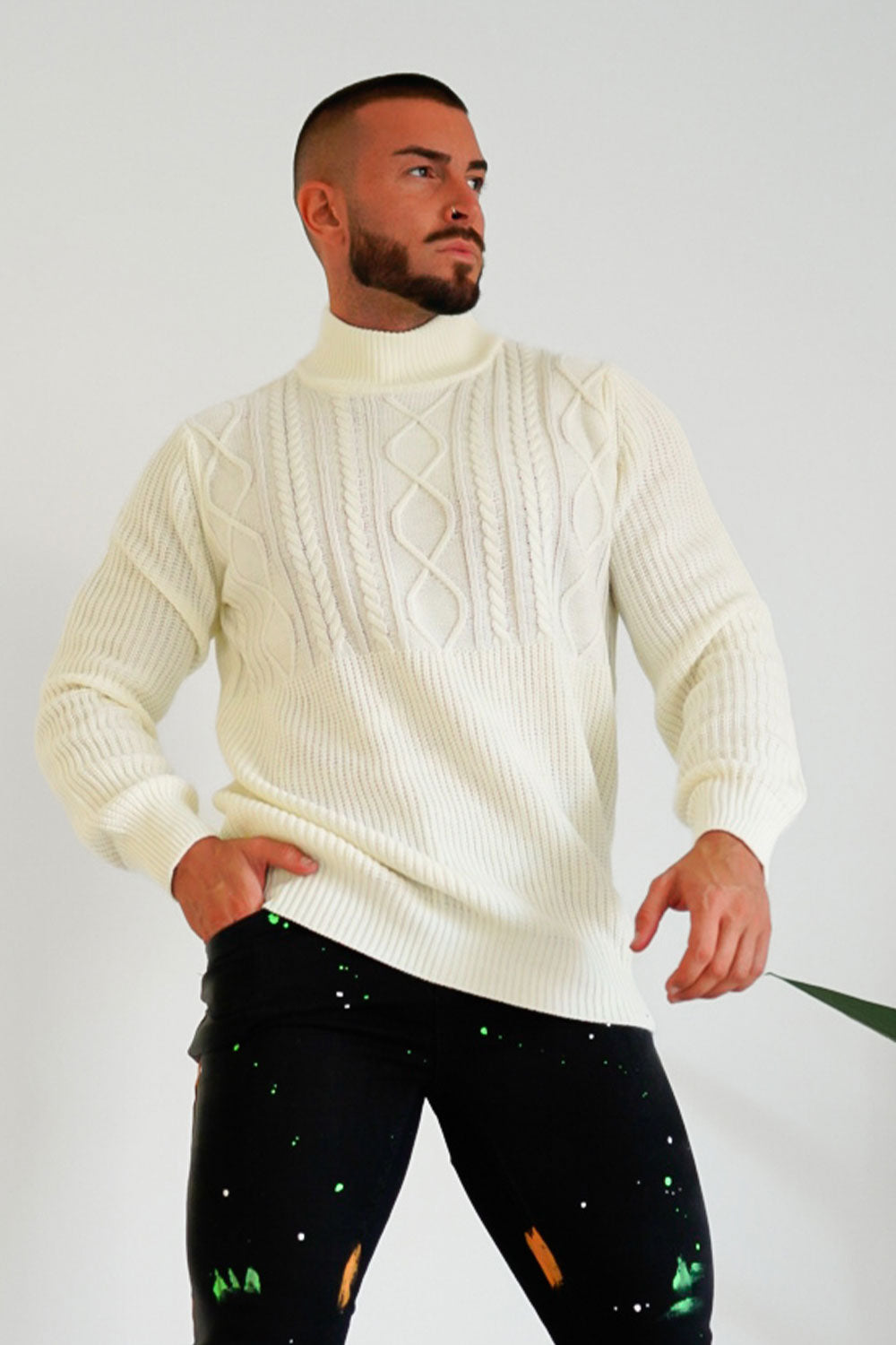 men's white knitted pullover sweater