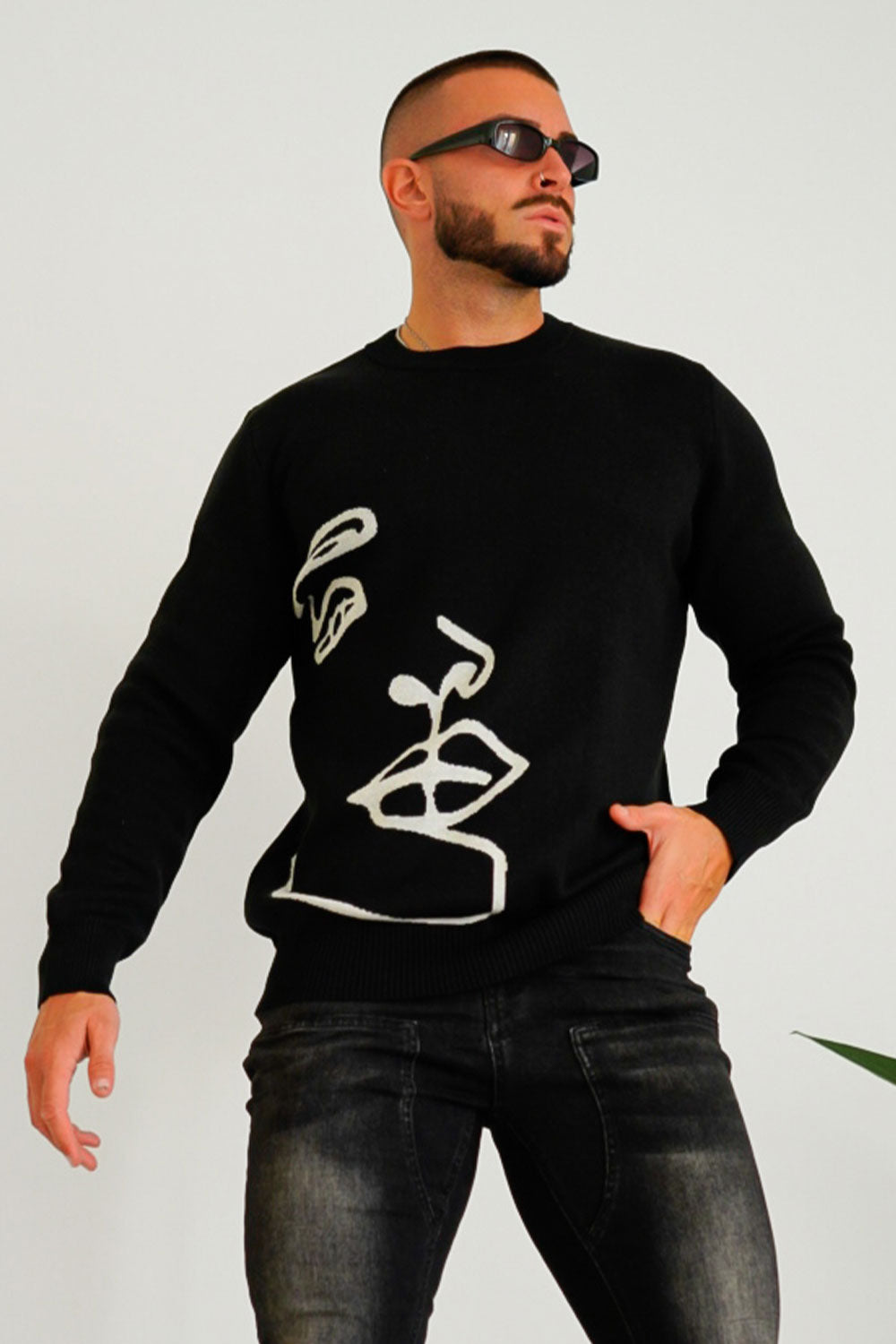 Gingtto Mens Sweater Crewneck Pullover Printed Black Fit Sweater