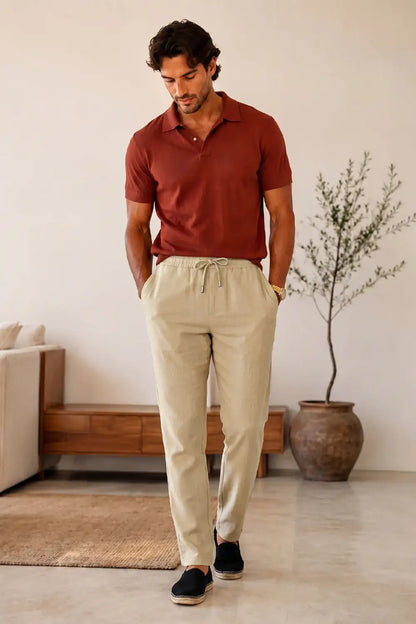 Men's Drawstring Casual Linen Pant - Khaki