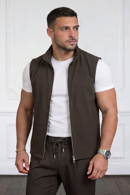 Men's Casual Stand Collar Zip-Up Vest - Brown