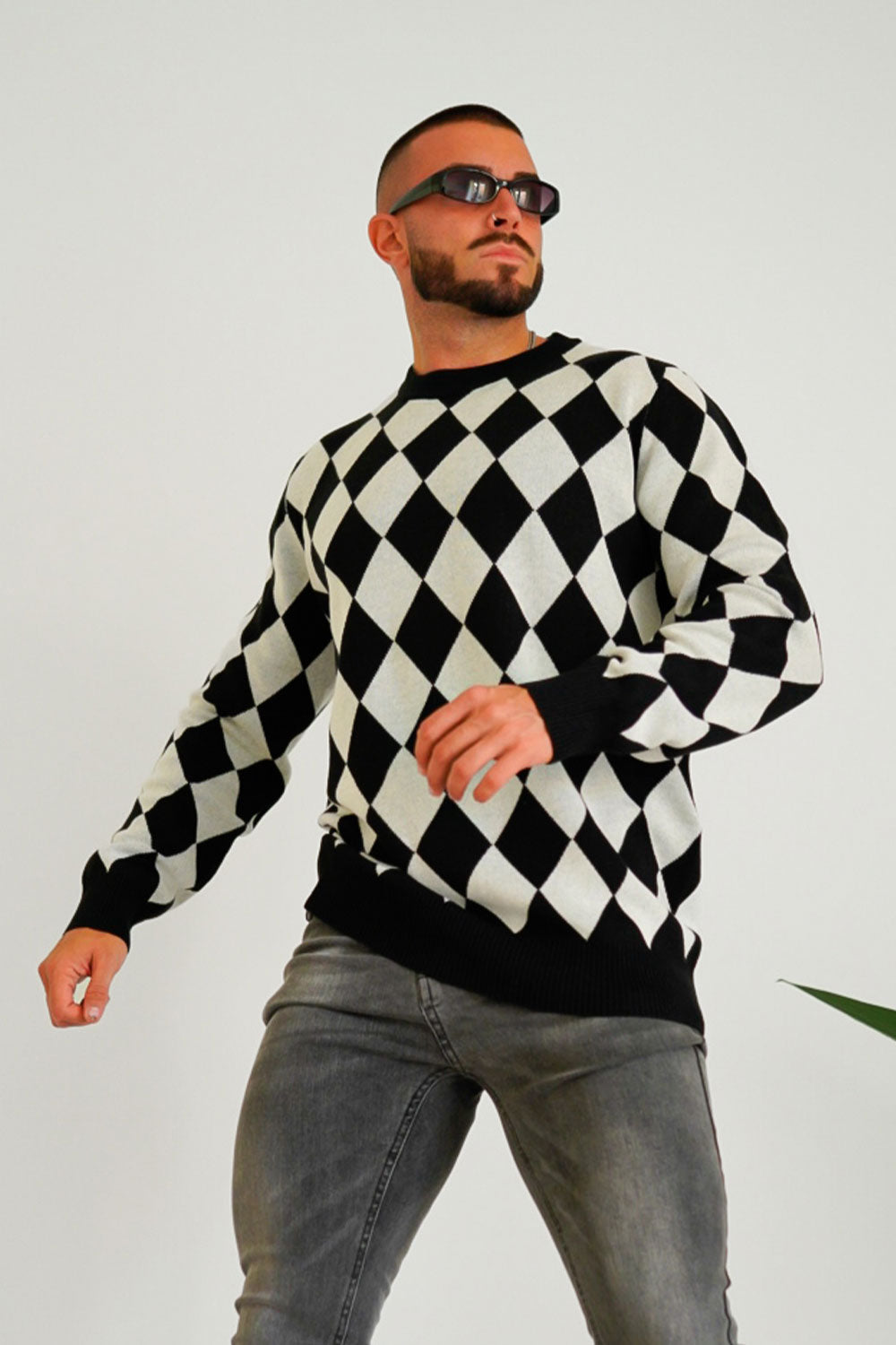 Gingtto Mens Sweater Long Sleeve Crewneck Pullover Grid Sweater