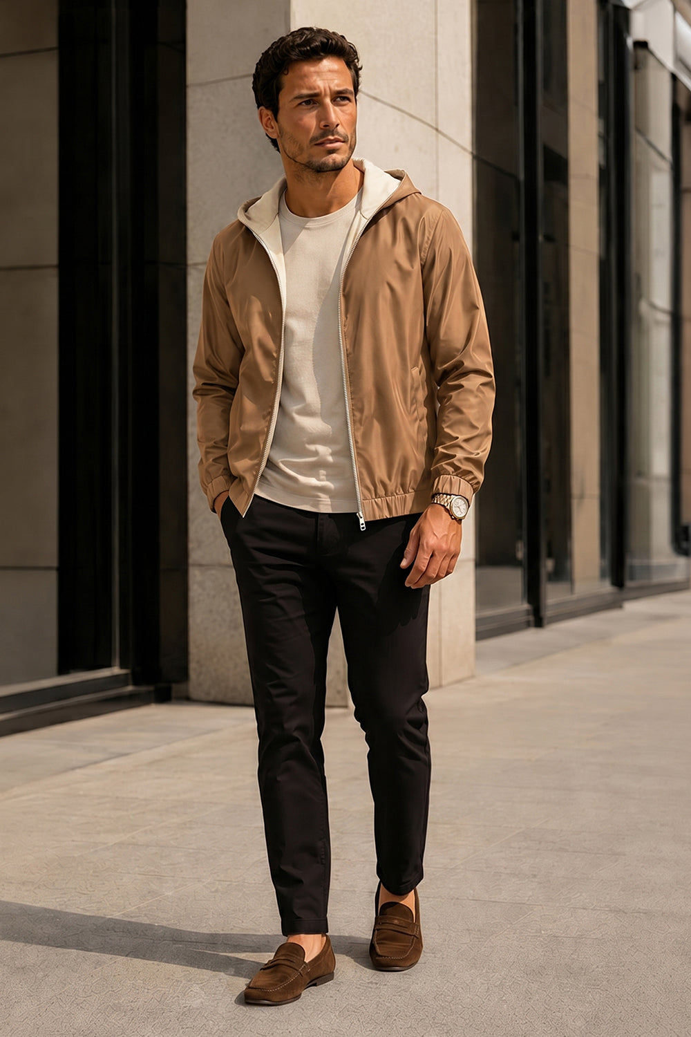 Men's Casual Hooded Lightweight Jacket - Camel