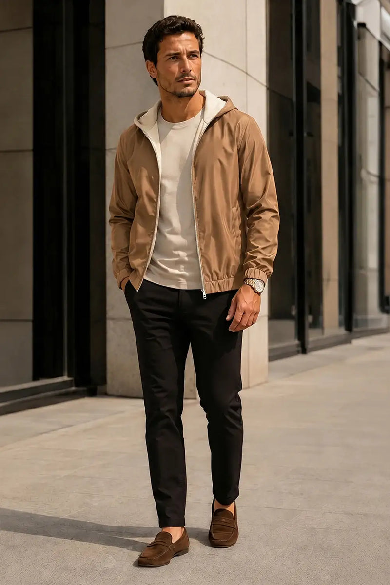 Man wearing stylish black chinos, beige hoodie, and brown loafers for casual urban fashion.