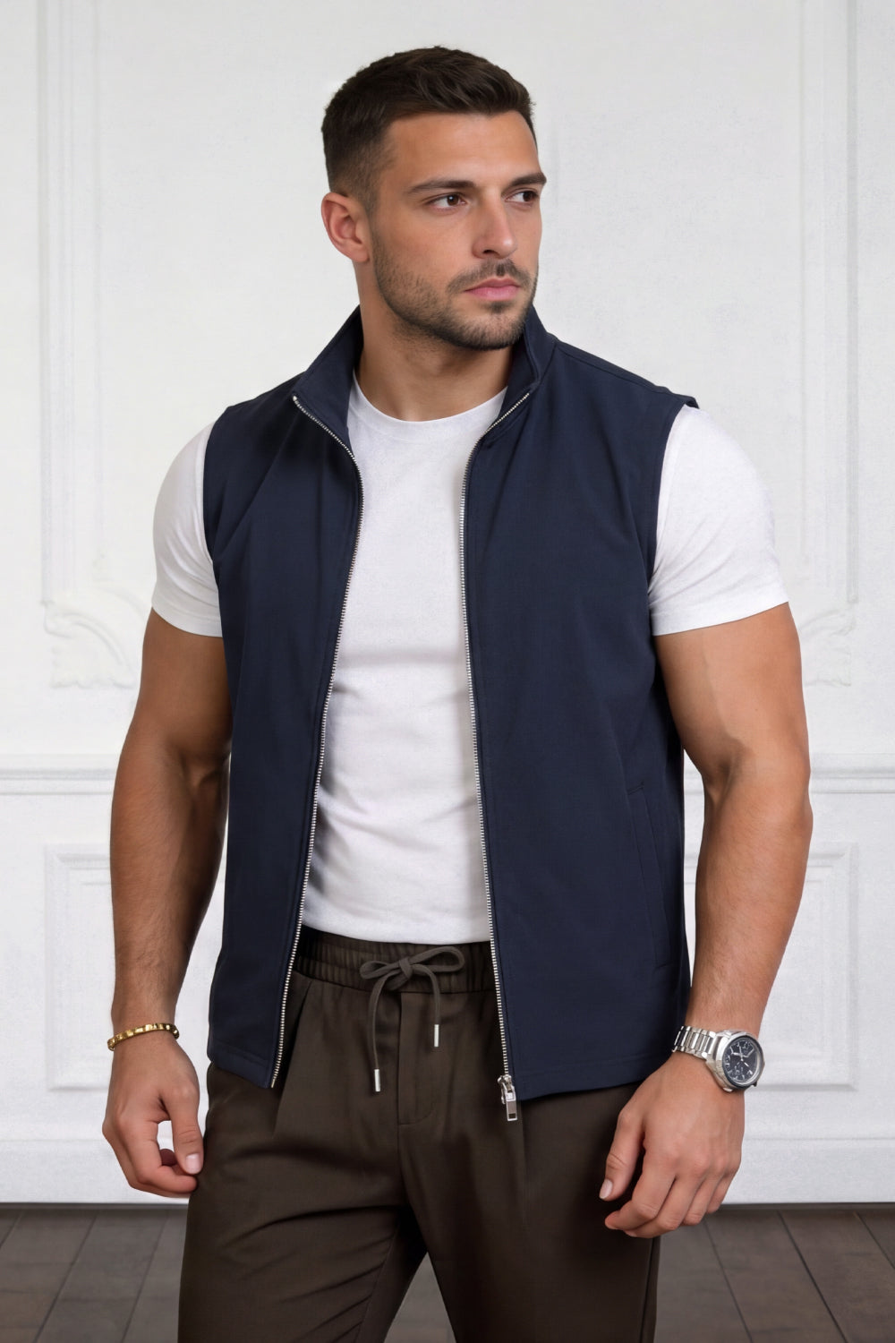 Men's Casual Stand Collar Zip-Up Vest - Navy Blue