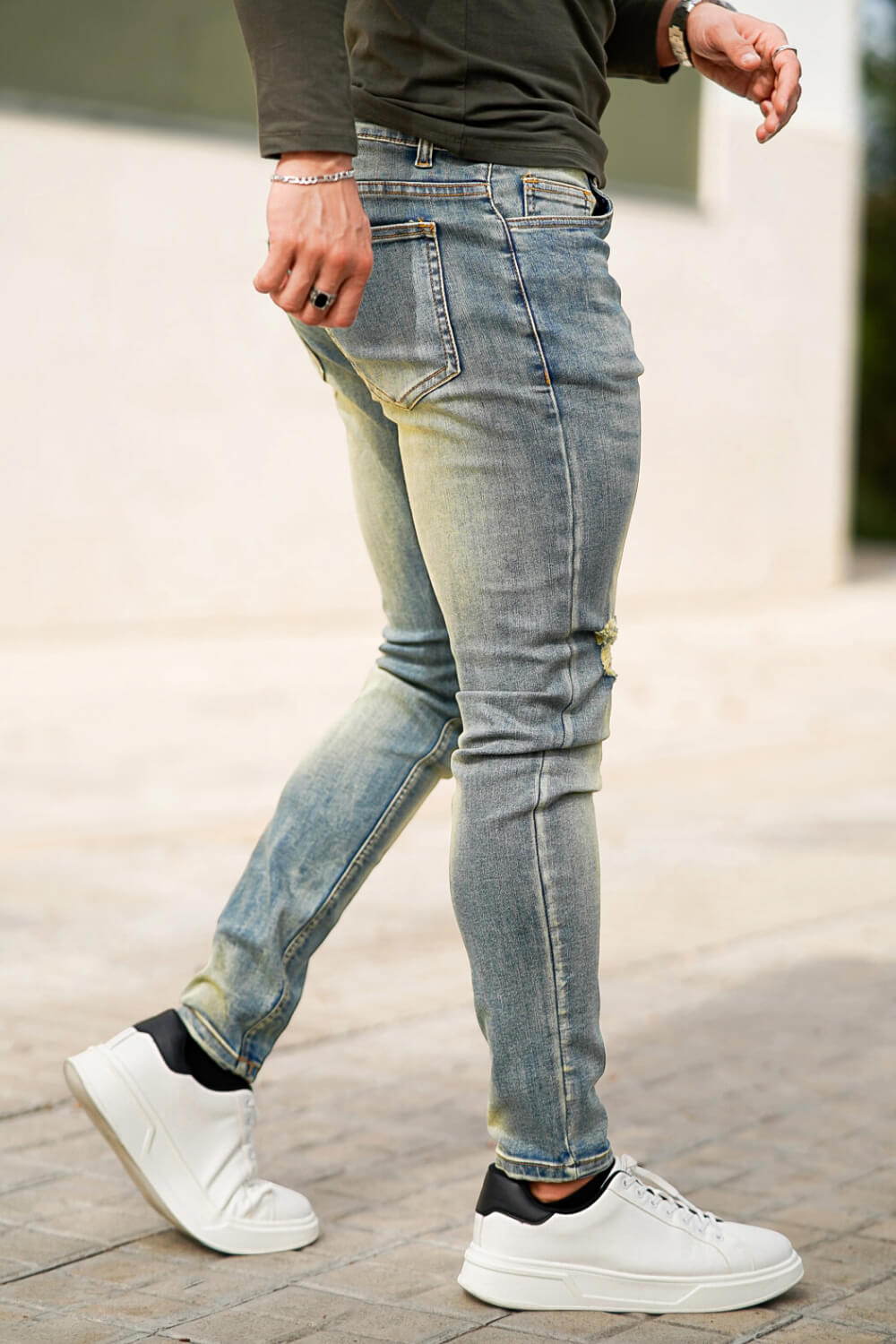 Jean skinny bleu déchiré pour hommes Lavage à vendre