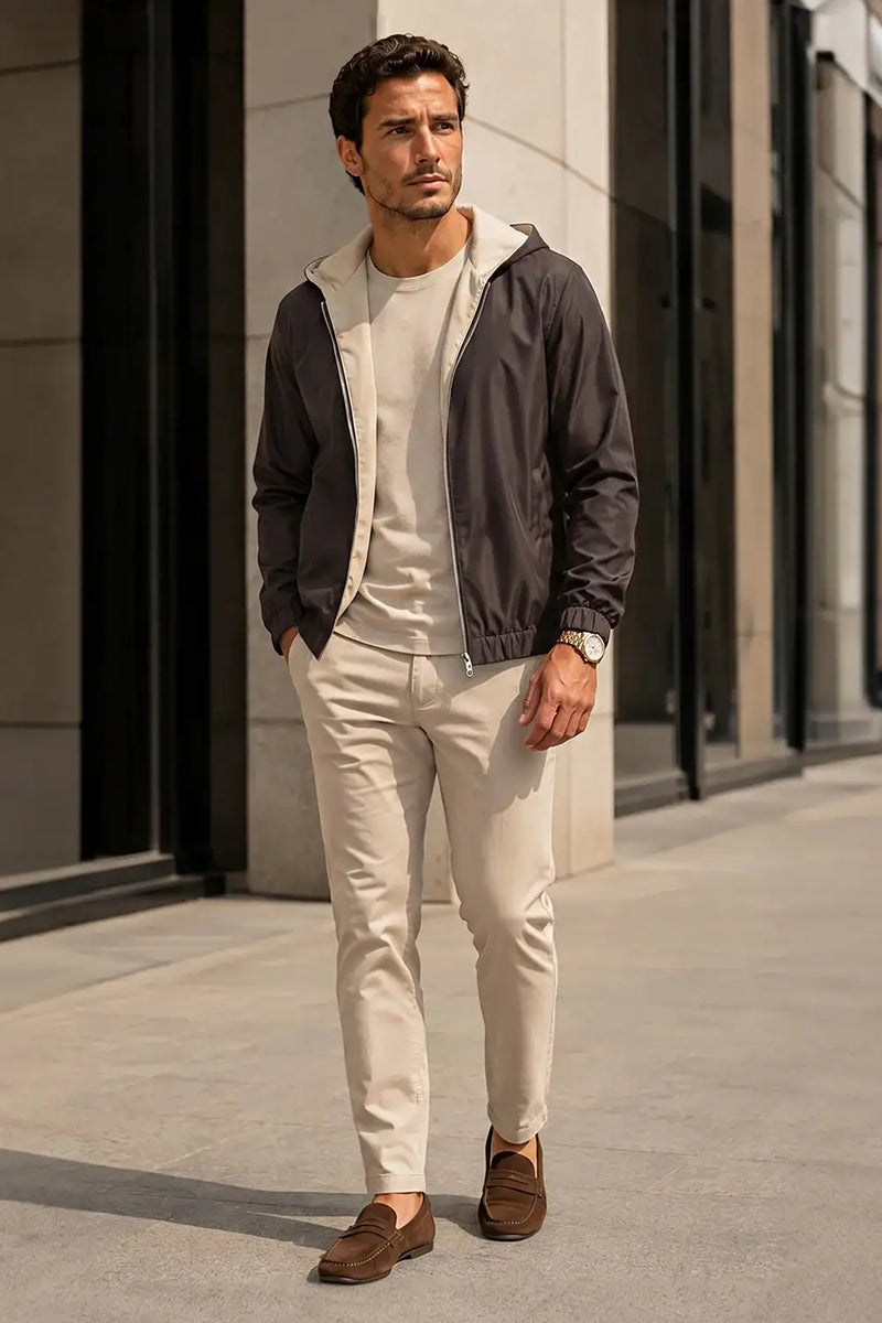 Man wearing beige chinos, hoodie, and loafers for casual street style