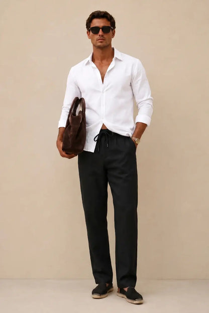 Men's Drawstring Casual Linen Pant - Black