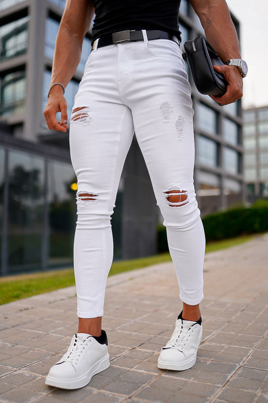 Jeans da uomo bianchi strappati elasticizzati