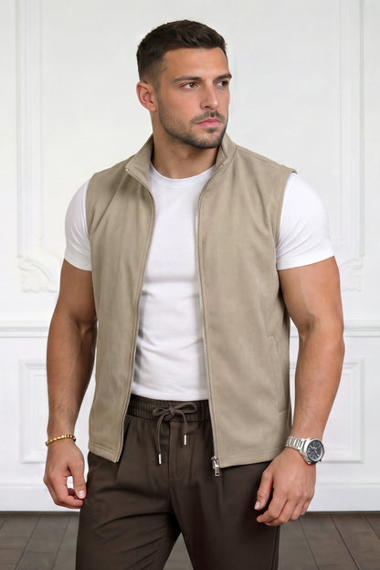 Men's Casual Stand Collar Zip-Up Vest - Light Khaki