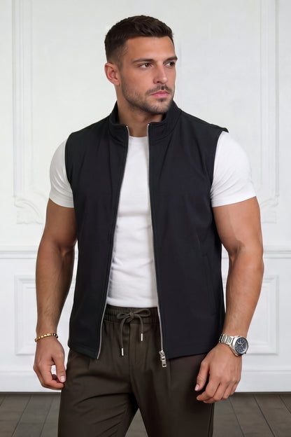 Men's Casual Stand Collar Zip-Up Vest - Black