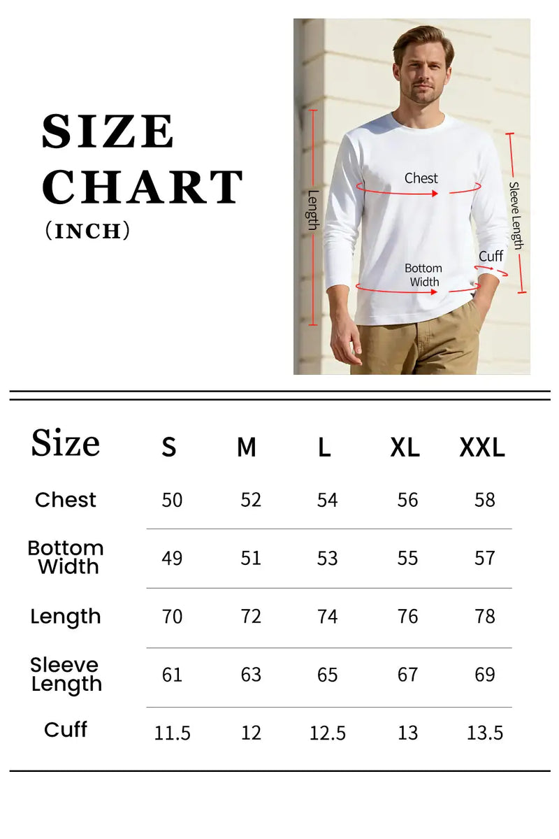 Men's Mercerized Cotton Long Sleeves T-Shirt - Grey Size Chart