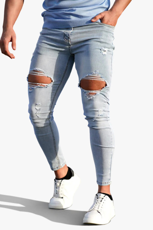 Vaqueros ajustados elásticos y rotos para hombre - Azul claro