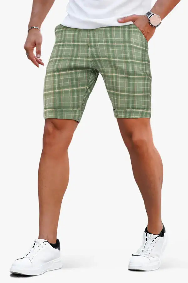 Men's Stretch Chino Short - Green With Lattice For Sale – GINGTTO
