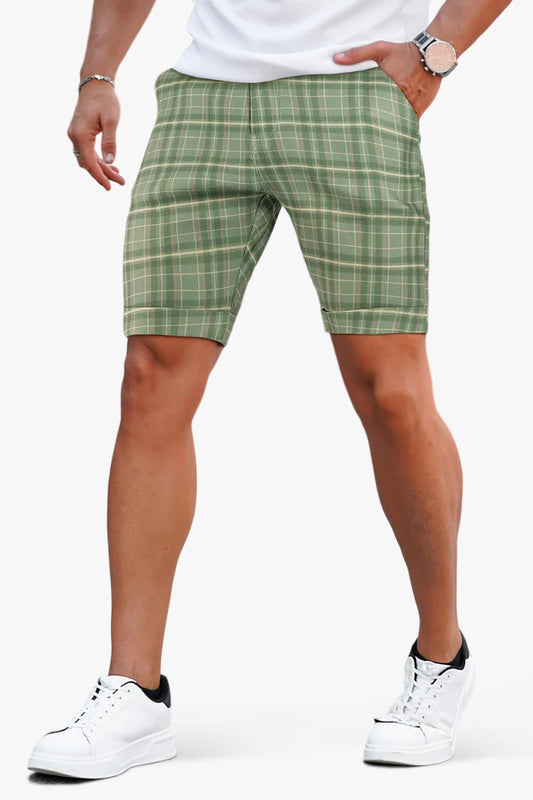 Short Chino Stretch Pour Homme - Vert Avec Treillis