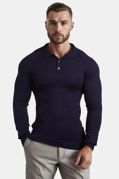 Men's Slim Fit Long Sleeve Polo Shirt - Navy Blue