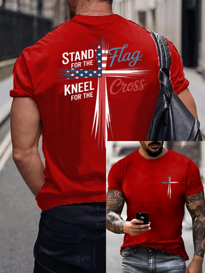 Hot Sale Picks Men's Stand For Flag Kneel For The Cross Print T-Shirt