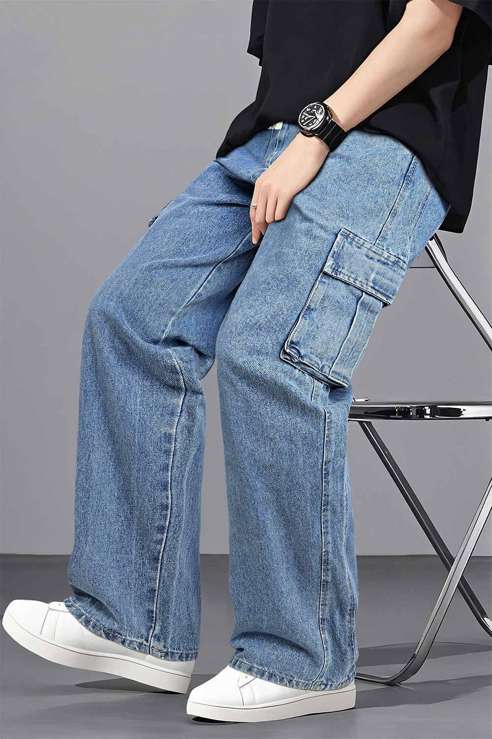 Men's Drawstring Loose Jean With Pocket - Blue