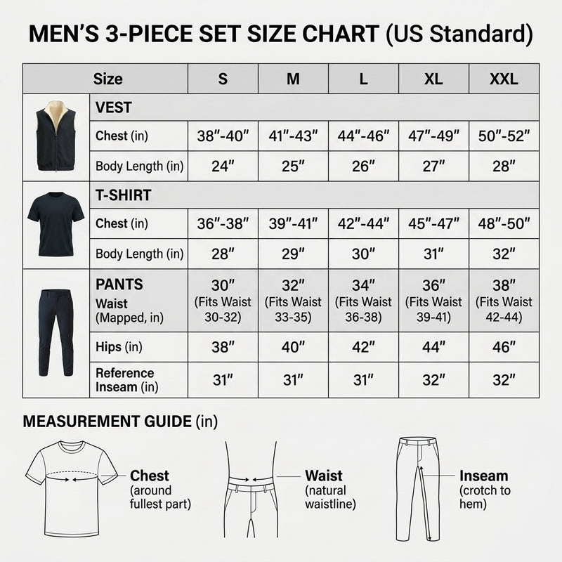 Men's 3-Piece Casual Set with Reversible Vest - Red Size Chart