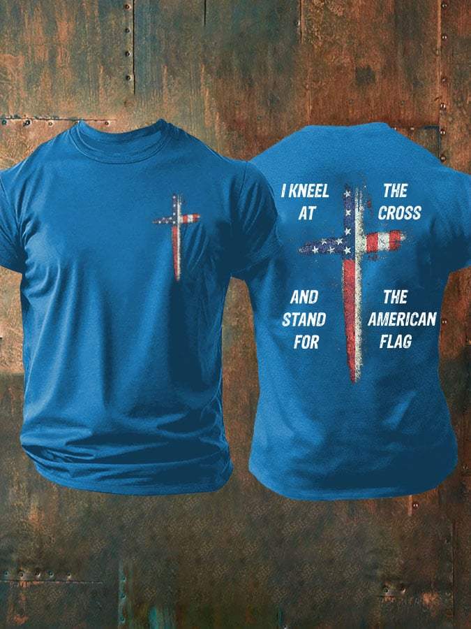 Mens Stand For The Flag Kneel For The Cross Printed Casual T-Shirt