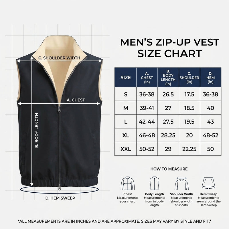 Men's Smart Casual Reversible Vest | Dual-Color Full-Zip Sleeveless Jacket Size Chart